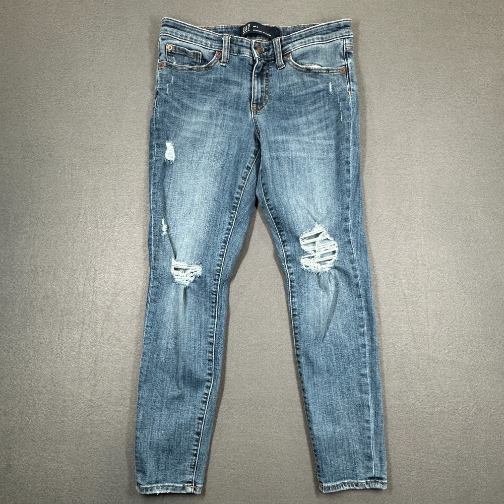Gap Jeans Women's 27R S Blue Denim Distressed Legging Skimmer 5-Pocket Whisker